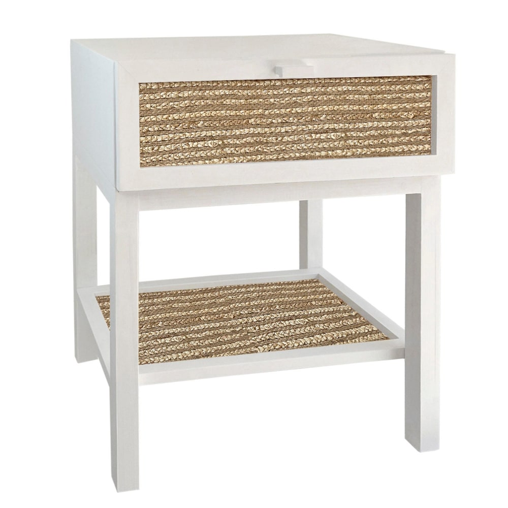 Table de chevet en bois massif blanc avec étagère et tiroir en jute