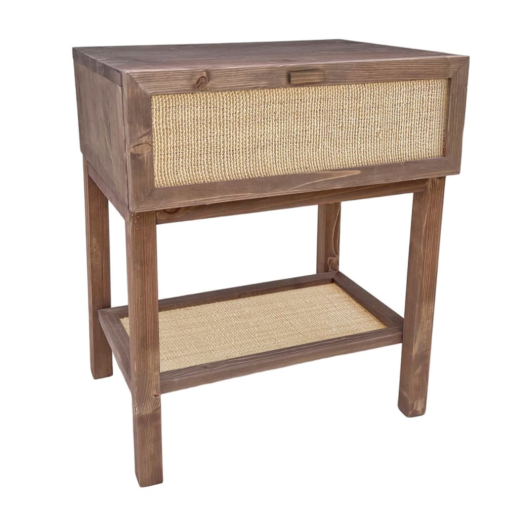 Table de chevet en bois sombre avec étagère et tiroir en raphia