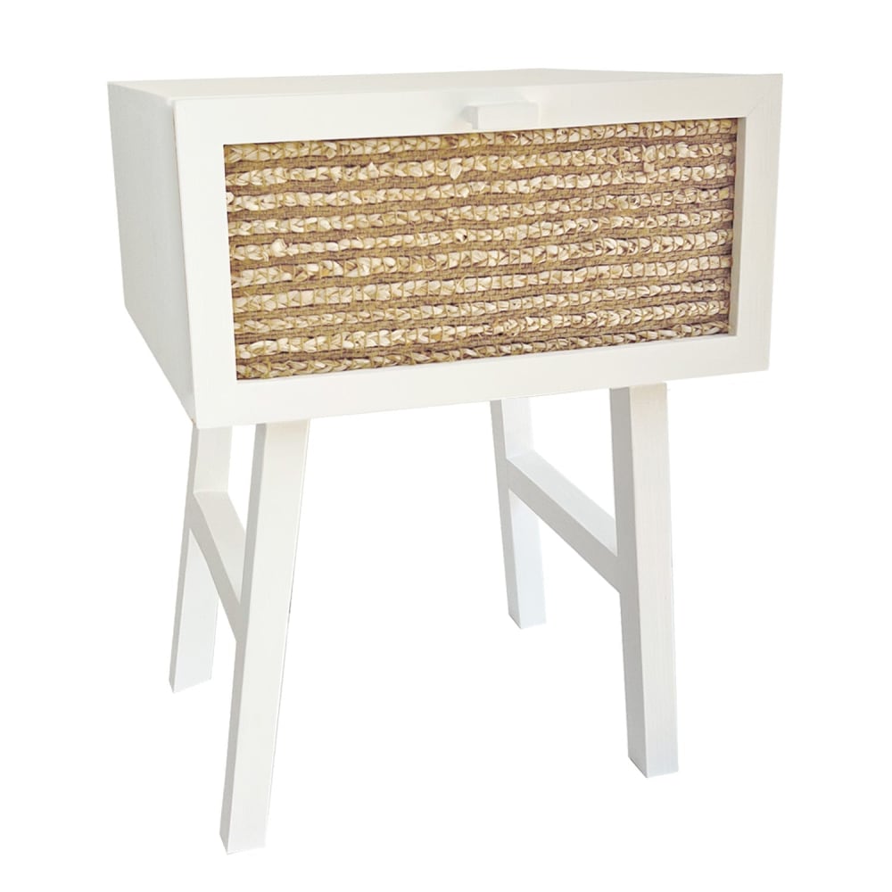 NATYAL Nachttisch aus massivem Holz in Weiß mit Schublade aus Naturjute 45 cm style seaside Weiß Holz