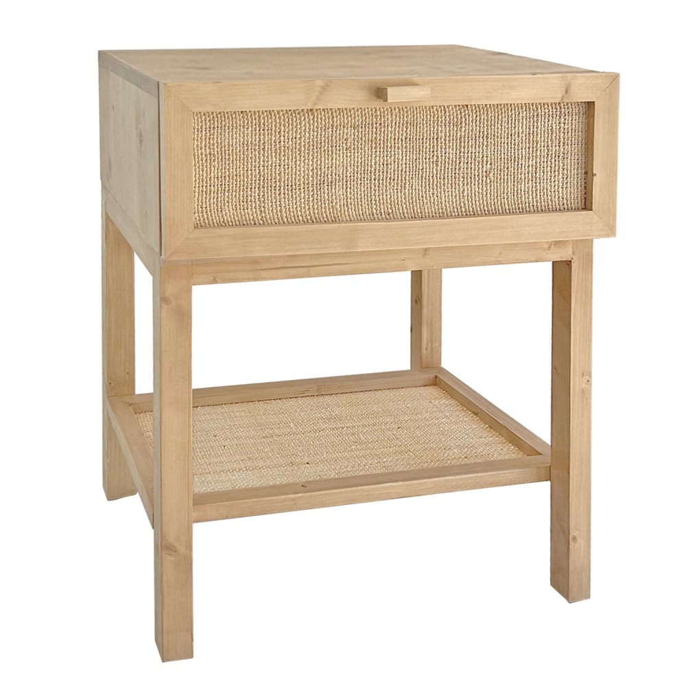 Table de chevet en bois clairs avec étagère et tiroir en raphia