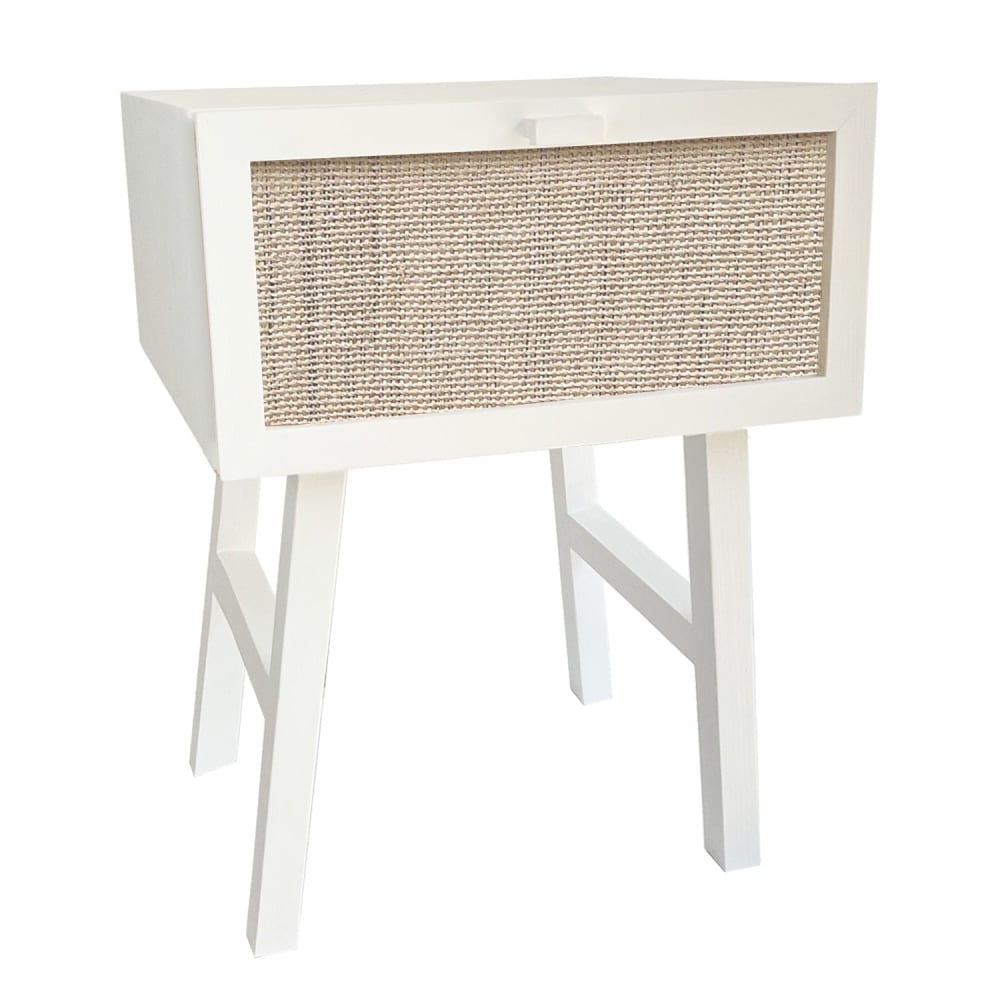 Table de chevet en bois massif blanc avec tiroir en raphia  45cm