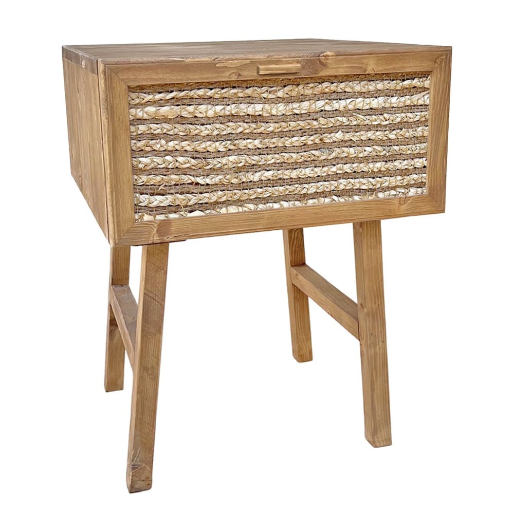 NATYAL Nachttisch aus Massivholz in Eiche mit Schublade aus Jute 45 cm style seaside Braun