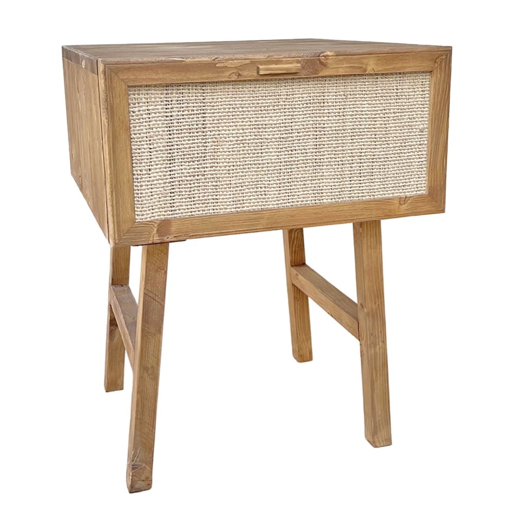 NATYAL Nachttisch aus Massivholz in Eiche mit Schublade aus Naturraffia 45 cm style seaside Braun
