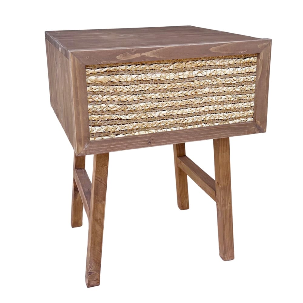 Table de chevet en bois massif sombre et tiroir en jute 45cm