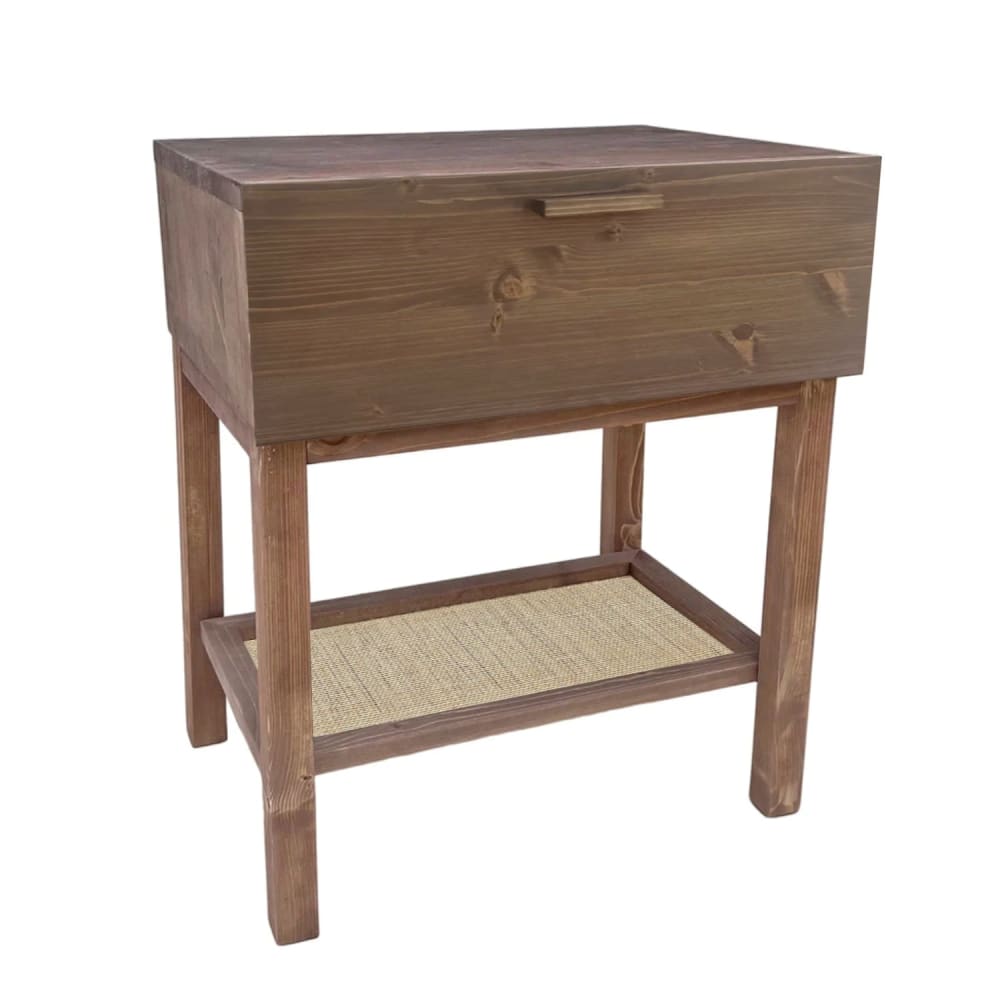 Table de chevet en bois sombre avec tiroir et étagère en raphia