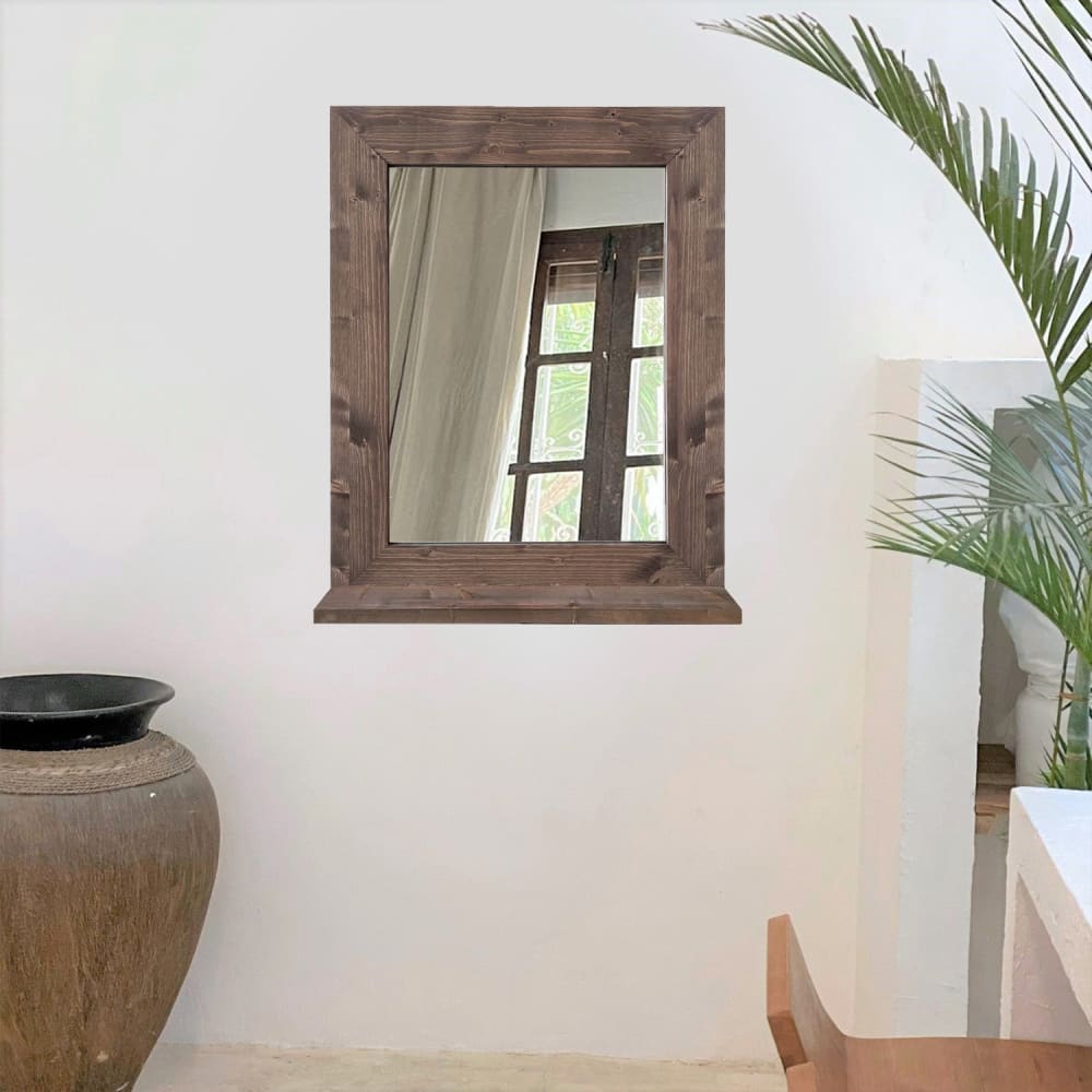 Miroir mural en bois massif avec étagère de couleur sombre 68x88cm
