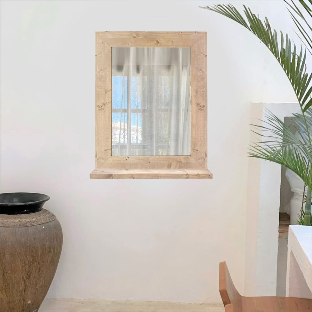 Miroir mural en bois massif avec étagère en tons clairs 58x68cm