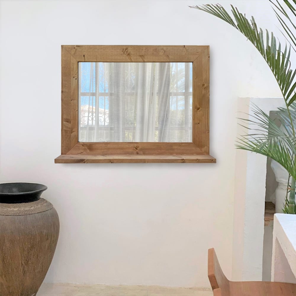 Miroir mural en bois massif avec étagère couleur chêne 88x68cm
