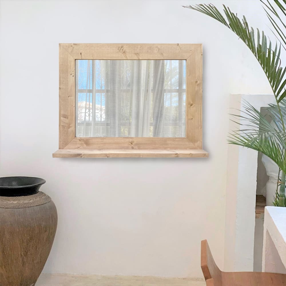 Miroir mural en bois massif avec étagère en tons clairs 68x58cm