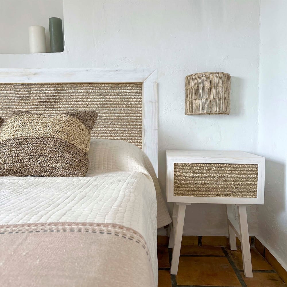 Tête de lit en jute naturel  et bois massif blanc vieilli 190x74cm
