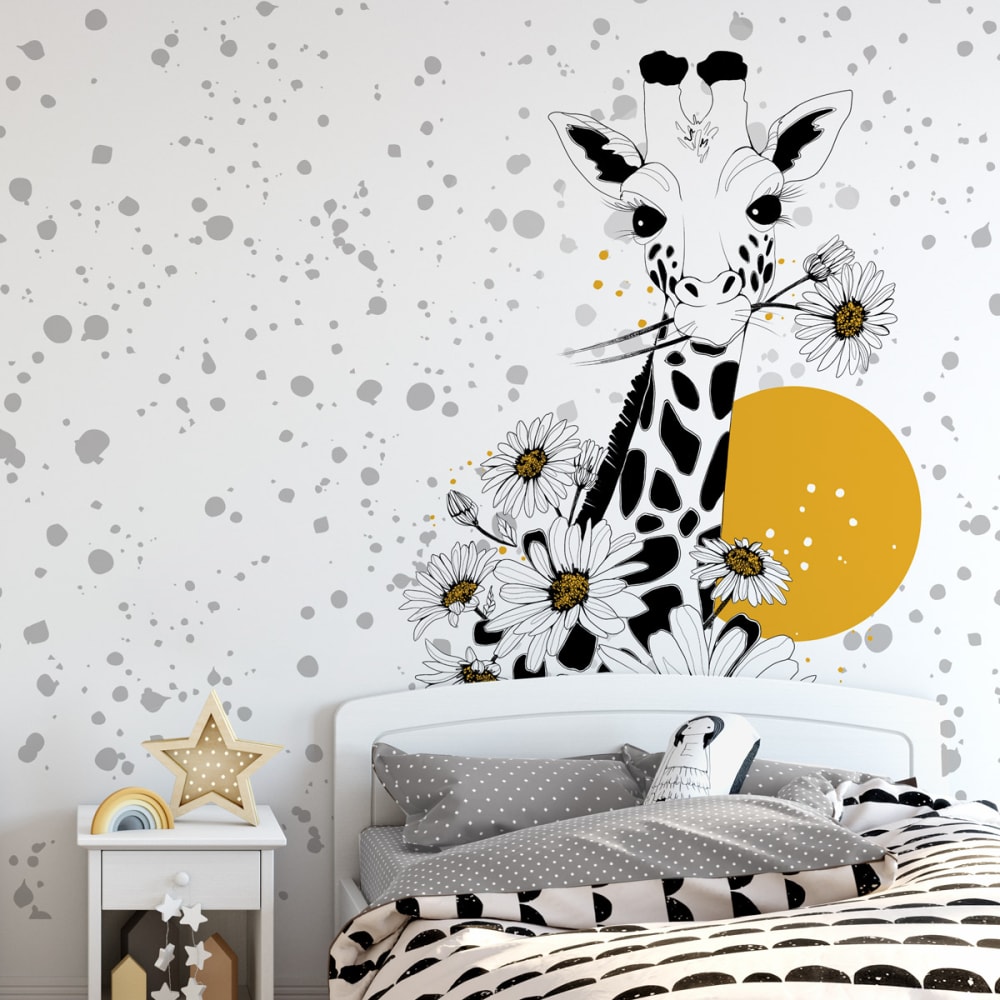 Acte Deco Panorama-Vliestapete Giraffe und Blumen, Schwarz und weiß 22 style modern Schwarz Öko-Tex Zertifikat Papier