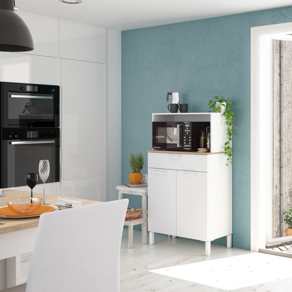 Buffet de cuisine 2 portes et 1 tiroir l72 x h126cm - blanc / bois - Maisons du Monde
