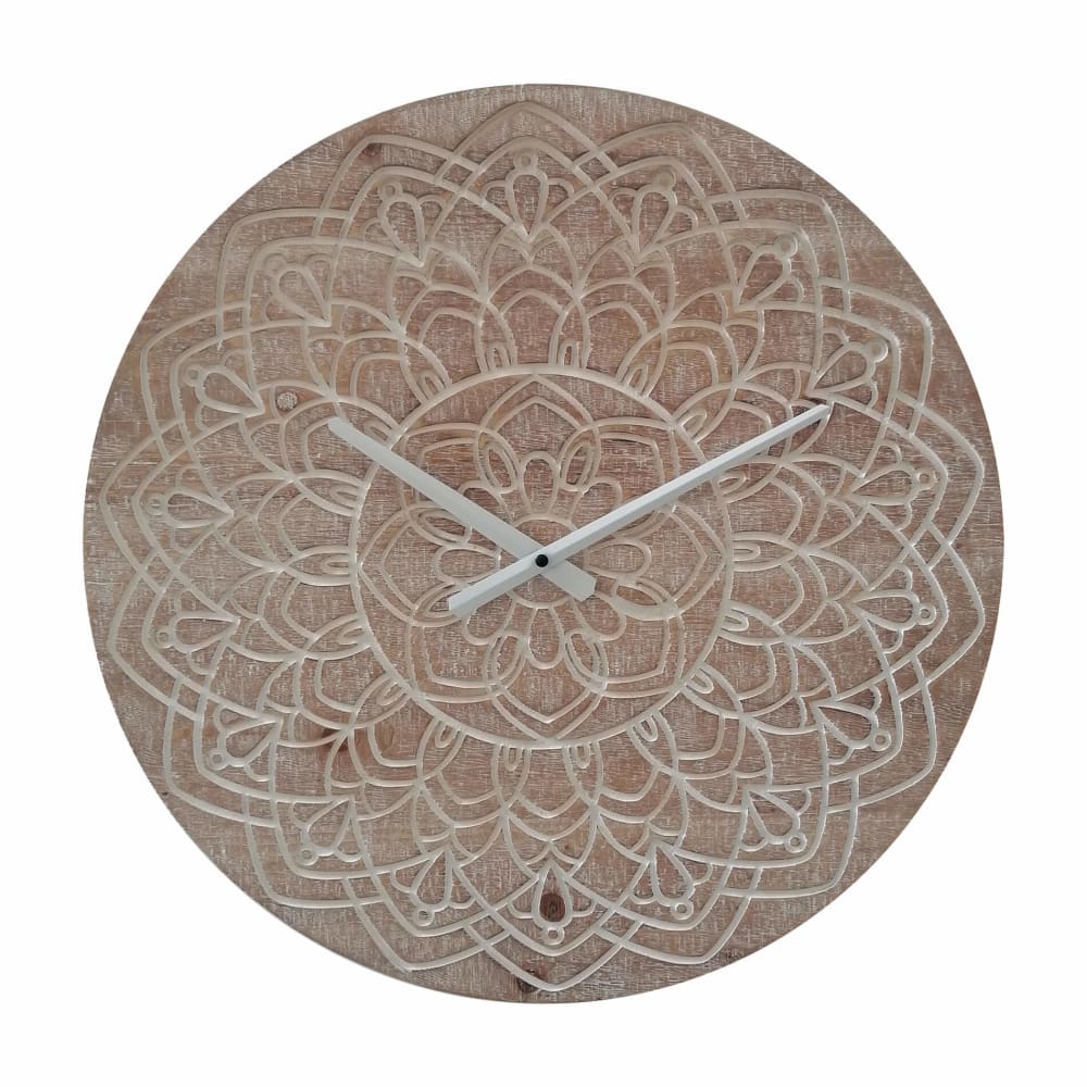 Mobili Rebecca Horloge murale style boho marron et blanc sculpté Ø 50 cm style inspirations d'ailleurs - Panneau De Particules