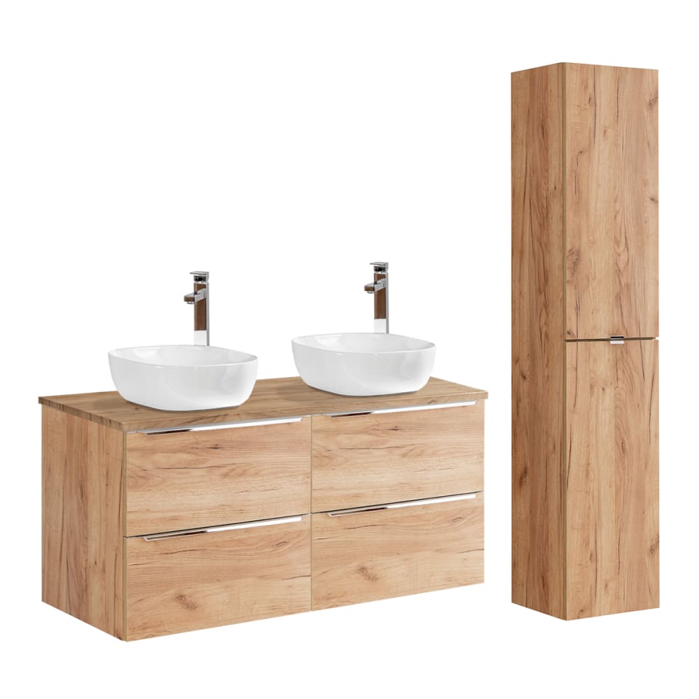 Ensemble meuble double vasque colonne stratifiés beige