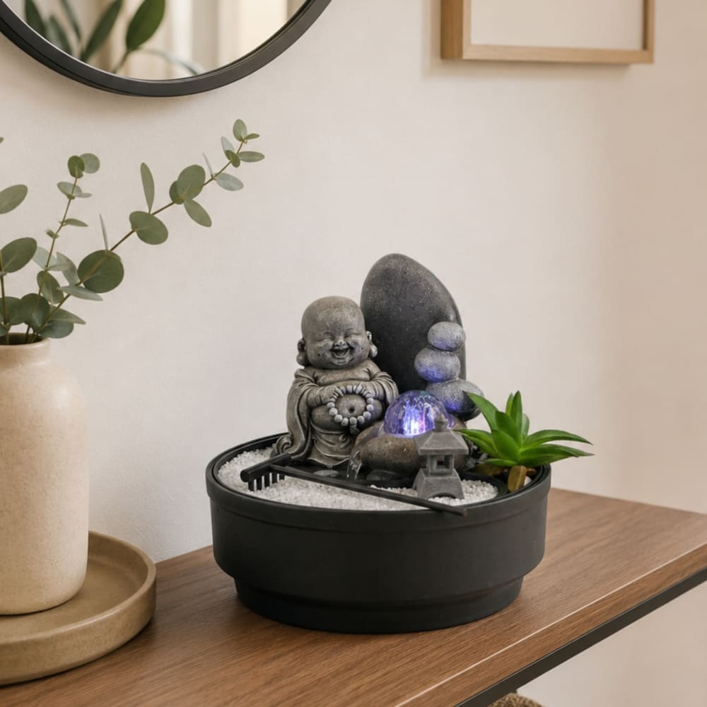 Fontaine d'intérieur jardin zen résine grise avec boule verre - h21cm - Maisons du Monde