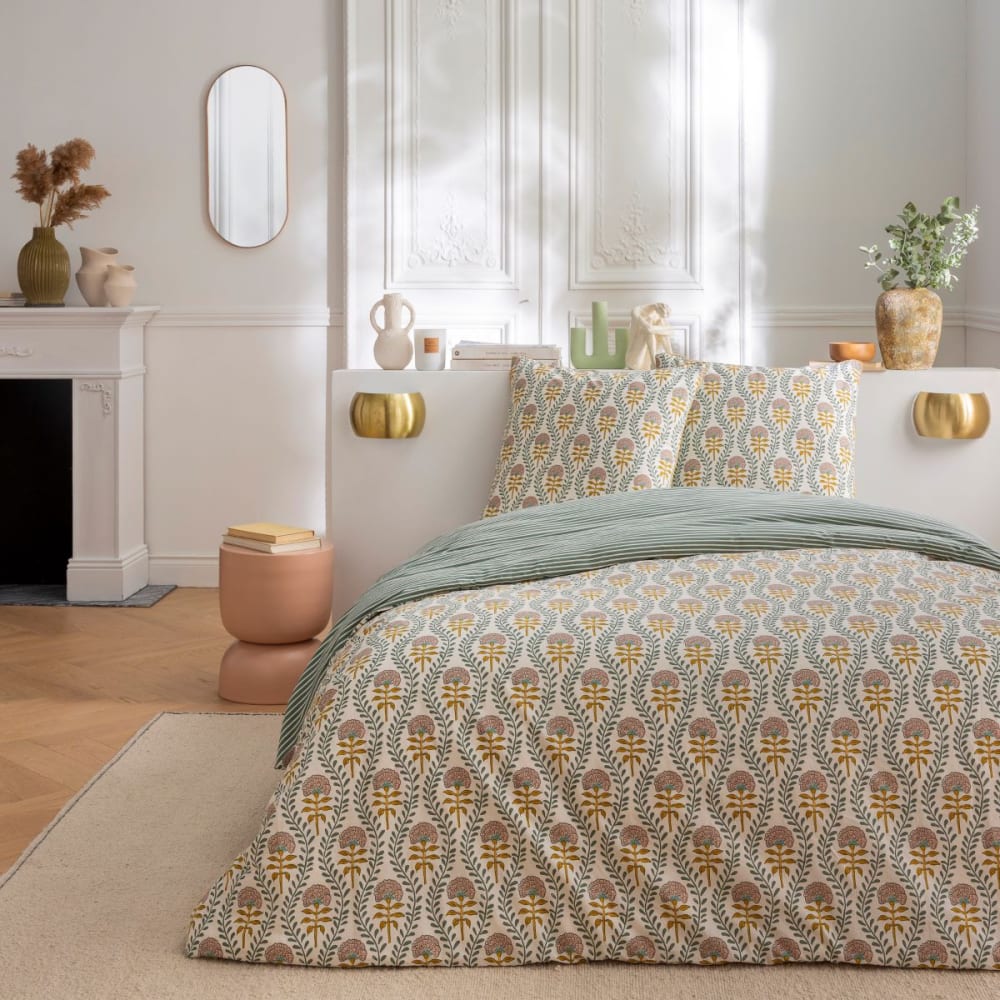 Parure de lit 2 personnes floral charme rayé 260x240cm