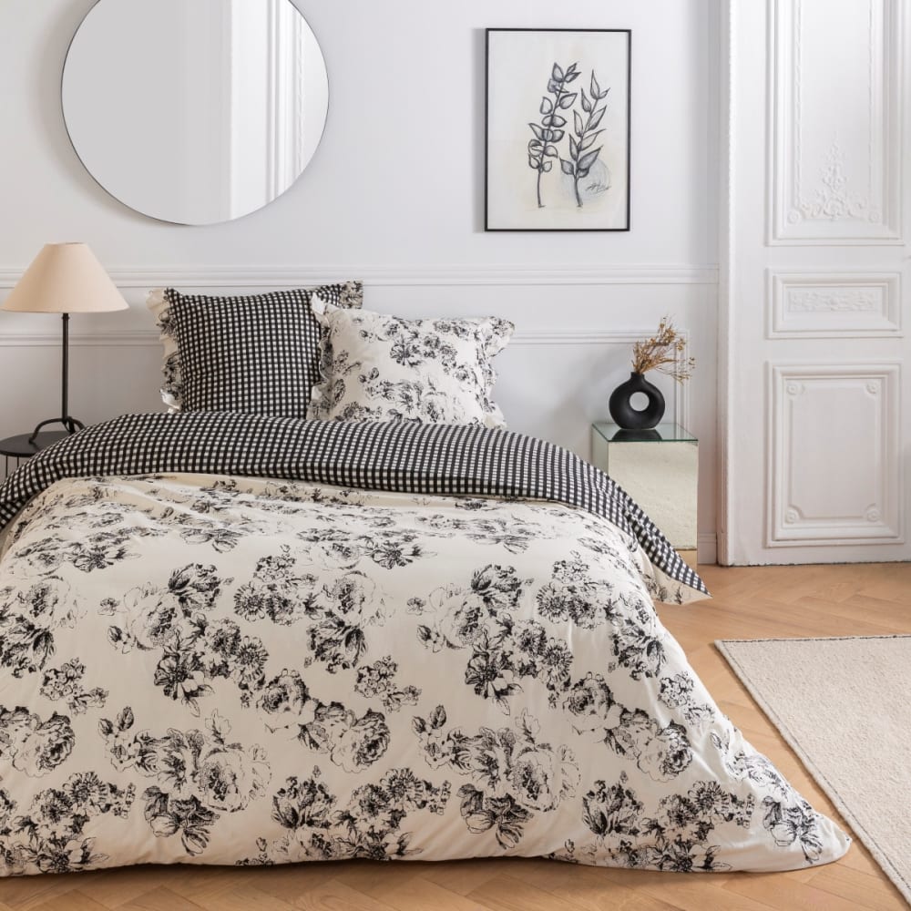 Parure de lit 2 personnes coton imprimé ecru 240x220cm