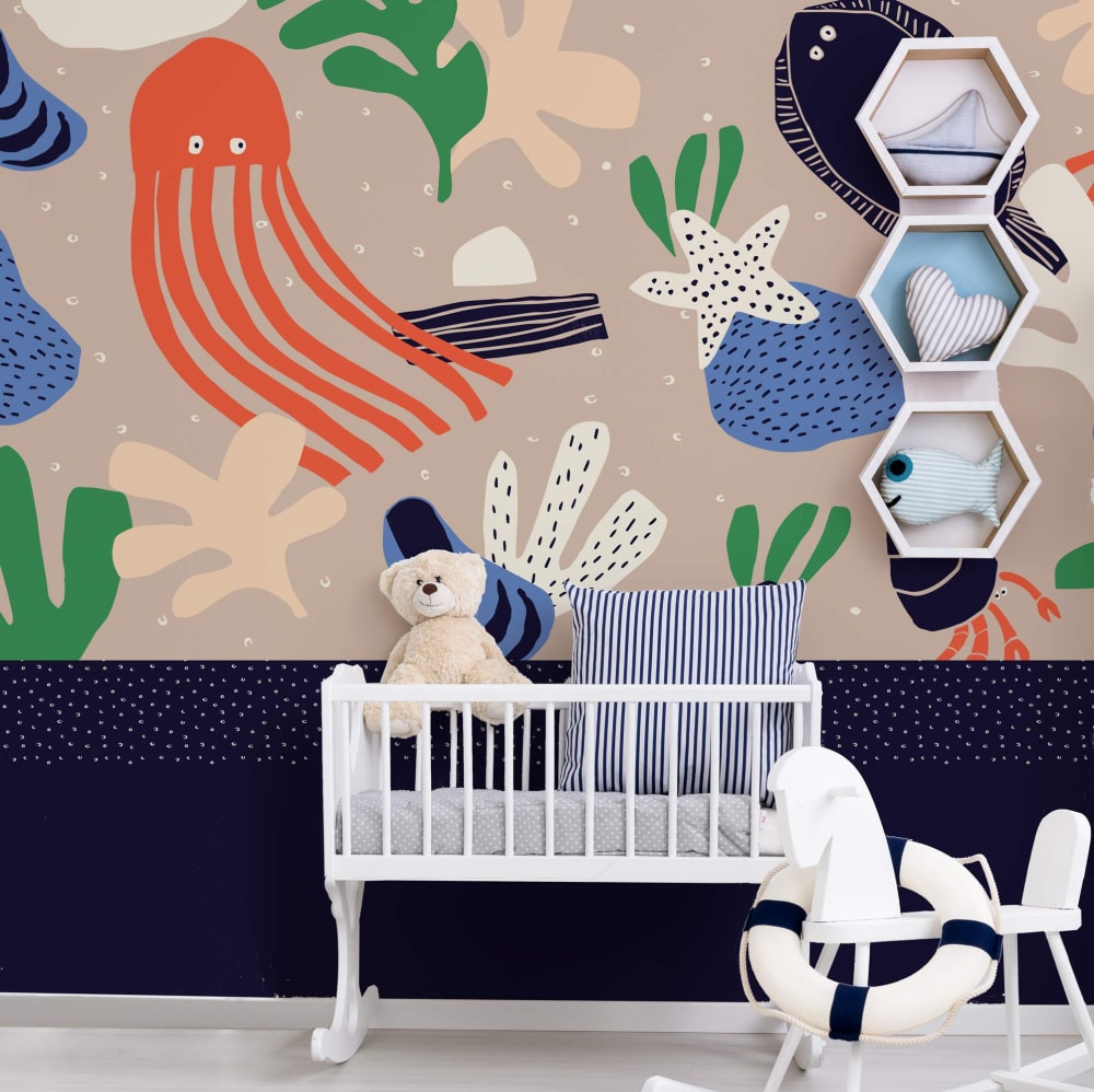 Acte Deco Panorama-Vliestapete Krabben und Meerestiere, 525 x 250cm style modern BLAU Öko-Tex Zertifikat PAPIER Kinder