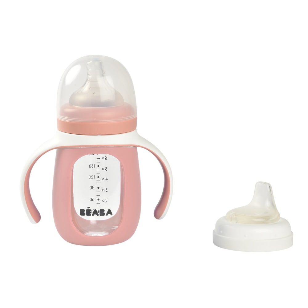 Biberon verre + housse silicone 2 en 1 rose