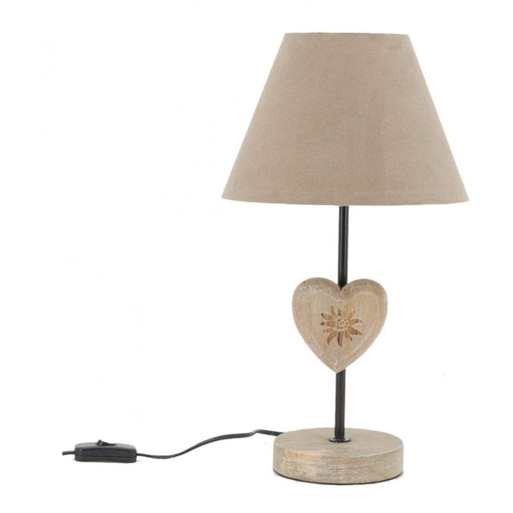 Lampe à poser métal H40 cm avec pied décor cœur en bois patiné