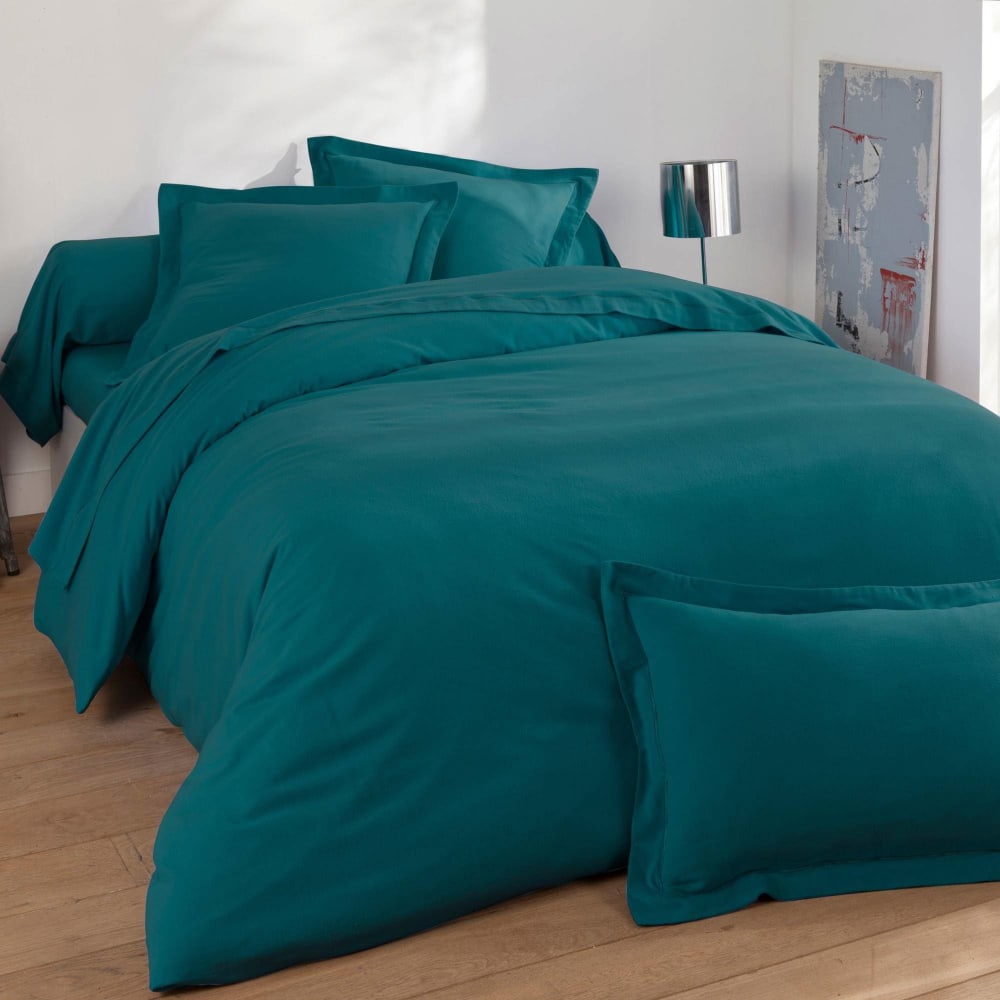 Taie volant en coton bleu canard 50x70cm