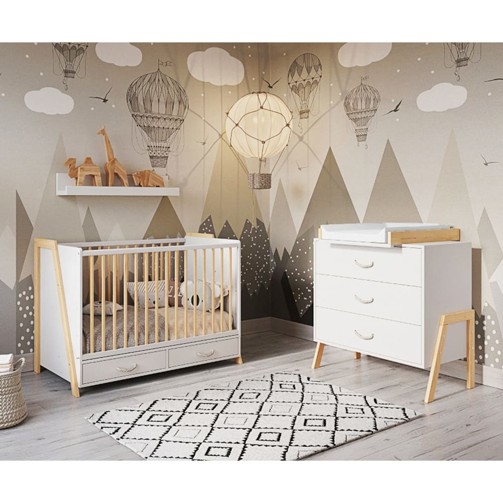 Lit bébé évolutif et Bureau 2 en 1en bois blanc et pin - 120x60 cm