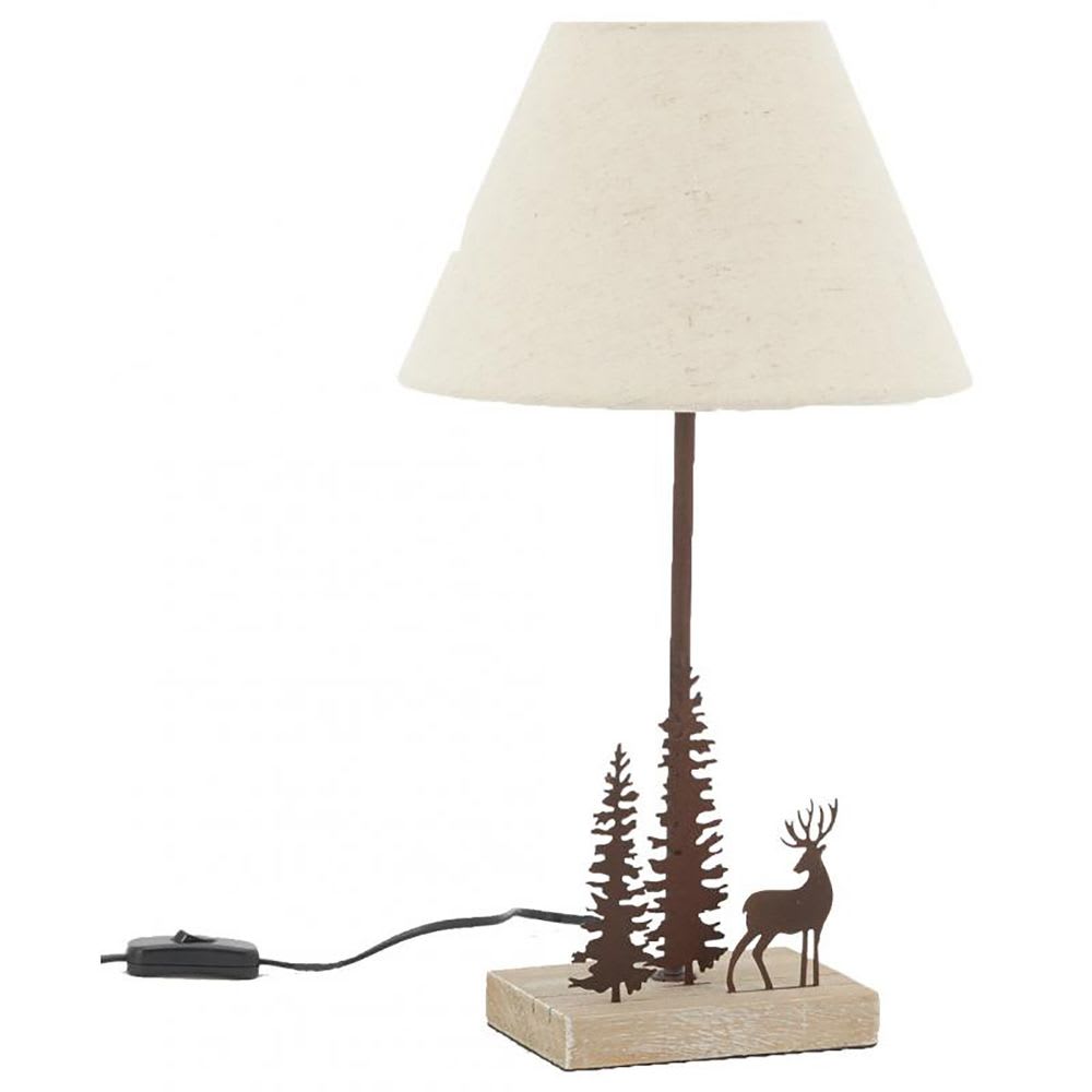 Lampe à poser métal bois 1 cerf 2 sapins