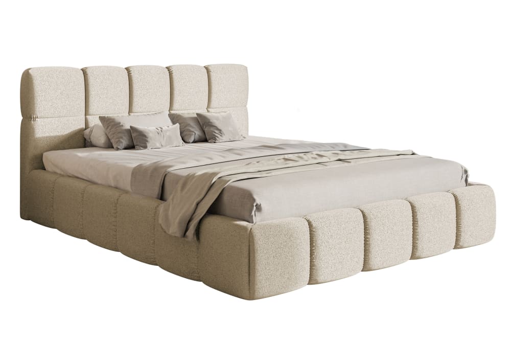 Lit double avec tête de lit 180x200 en tissu chenille beige clair