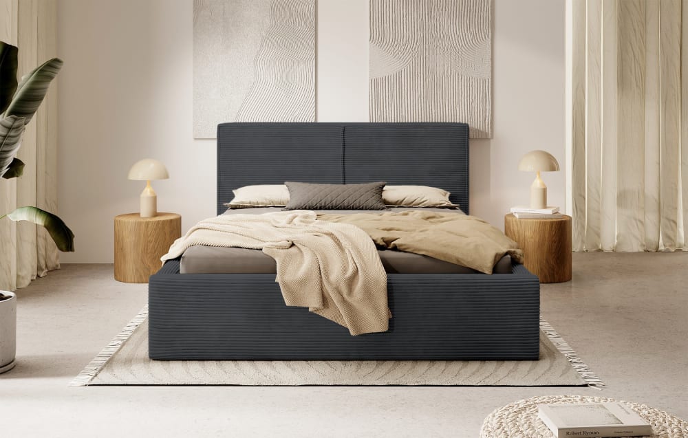 Lit coffre 180x200 en velours côtelé gris foncé - Maisons du Monde
