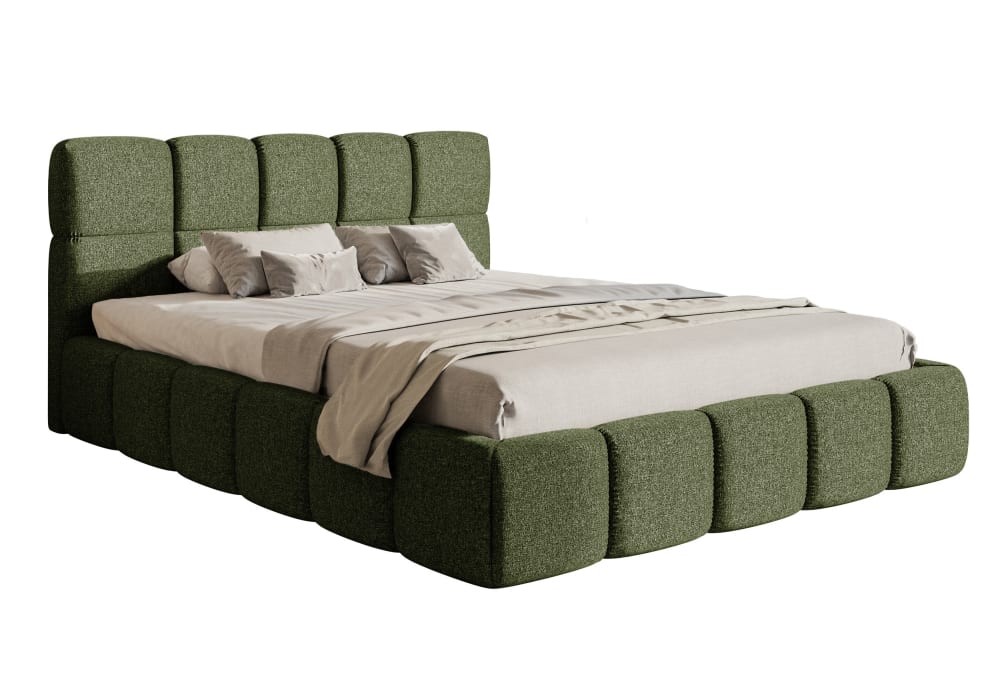 Lit double avec tête de lit 140x200 en tissu chenille olive verte