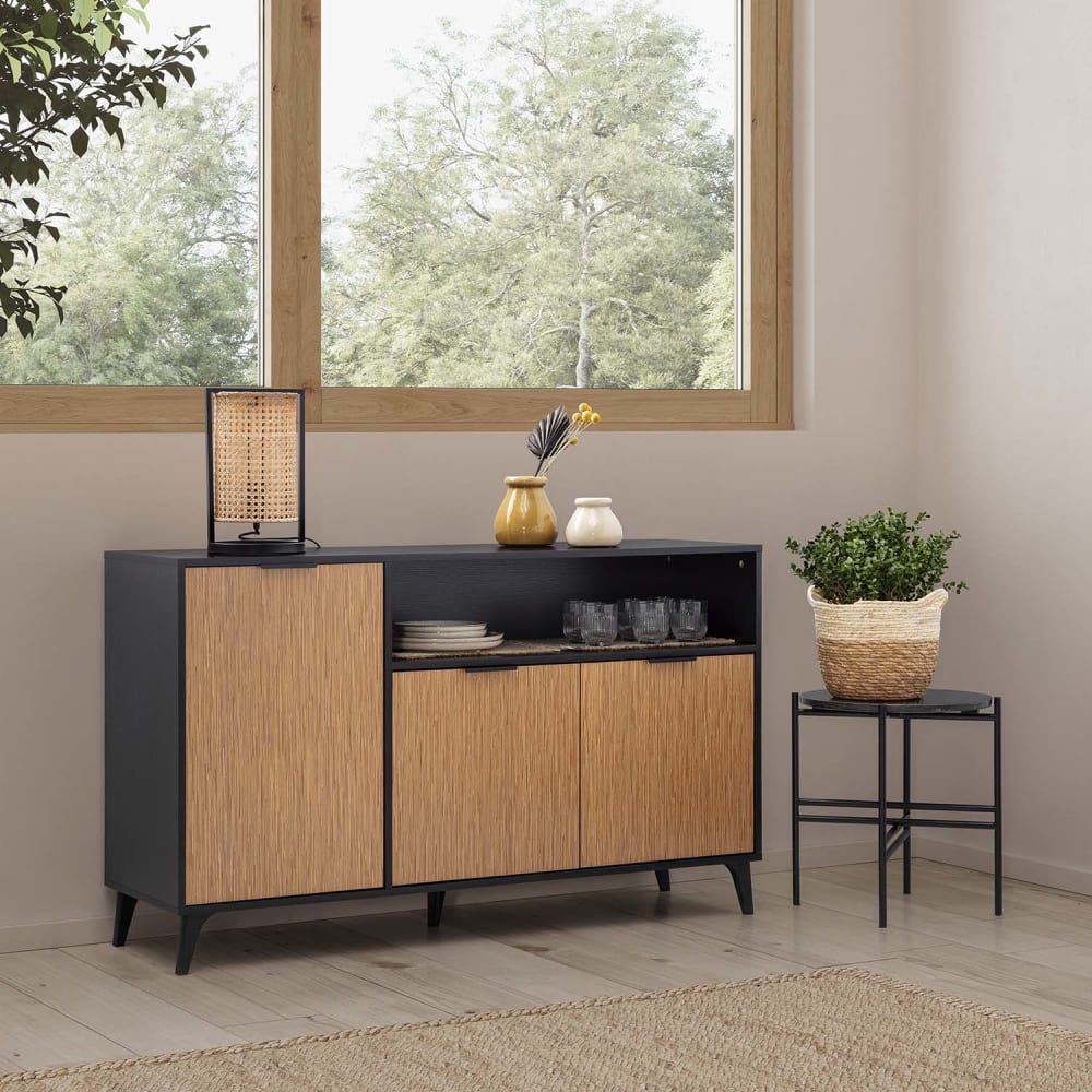 Buffet 3 portes 1 trou, couleur Noir/Bois