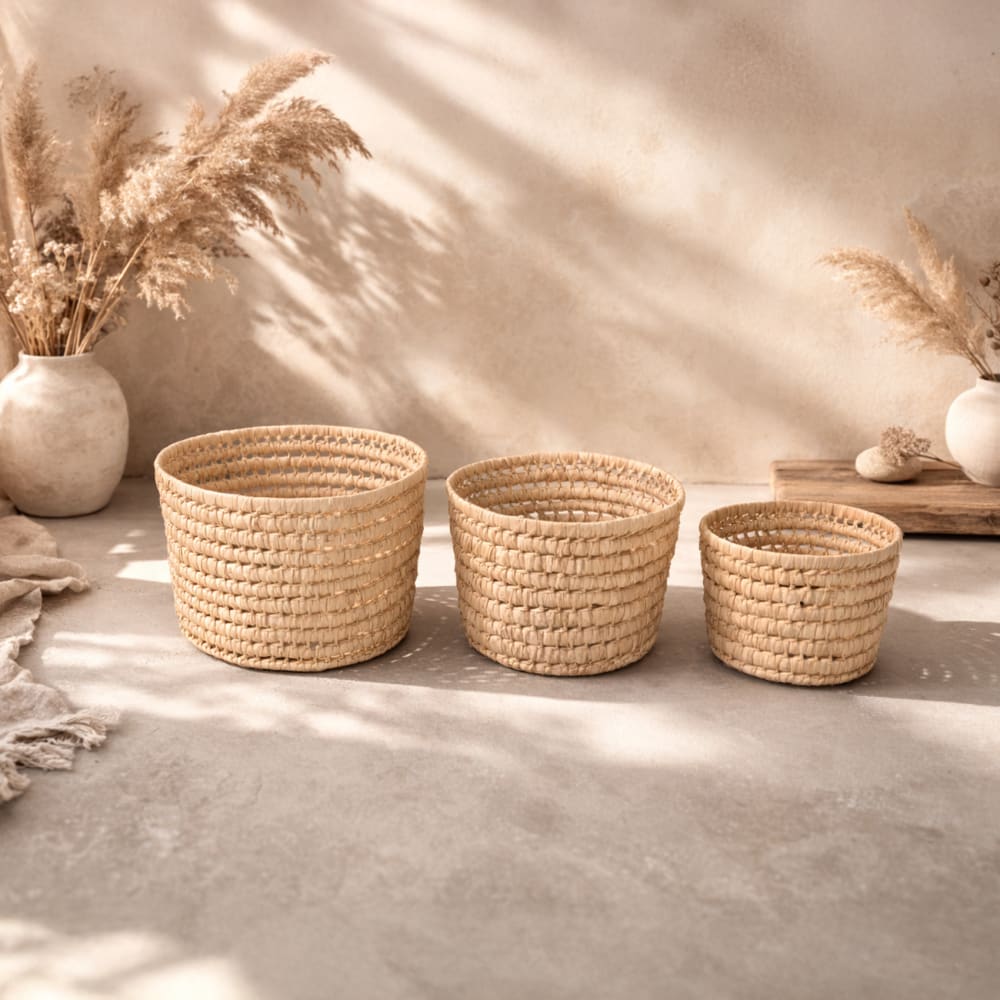 Panier de rangement rond feuilles de palmier osier naturel 15 x 15 Panier de rangement rond feuilles de palmier osier naturel 15 x 15
