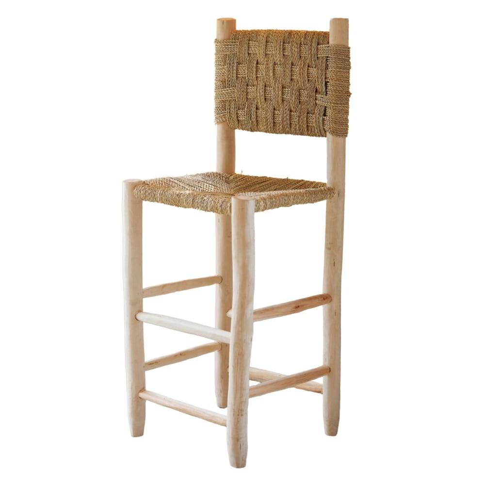 Tabouret de bar bois dossier damier naturel 40 x 40