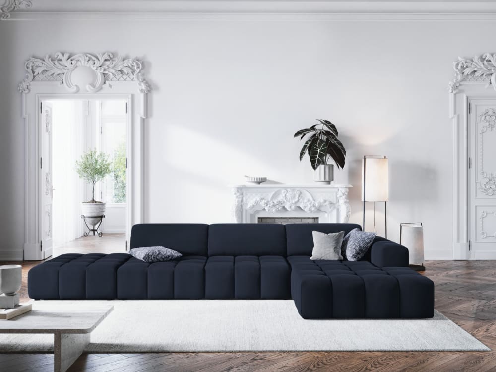 Canapé d'angle droit 5 places en tissu velours bleu foncé - Maisons du Monde