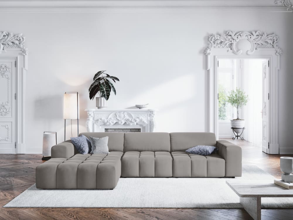 Canapé d'angle gauche 4 places en tissu velours gris clair - Maisons du Monde
