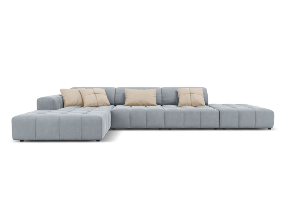 Canapé d'angle gauche 5 places en tissu velours bleu clair