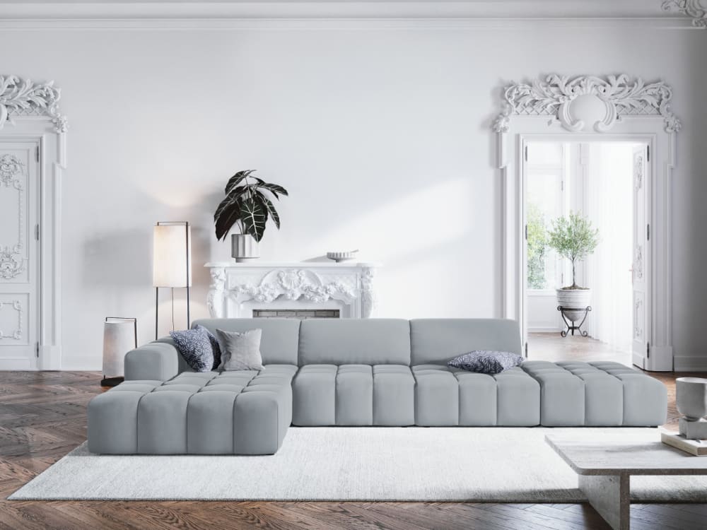 Canapé d'angle gauche 5 places en tissu velours bleu clair - Maisons du Monde