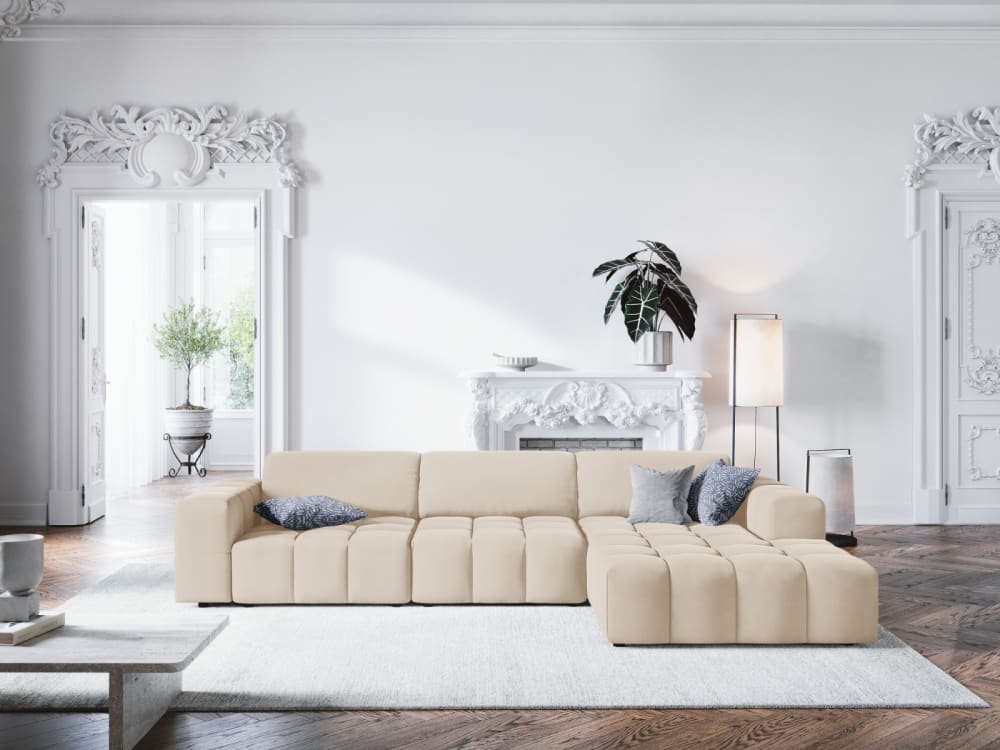 Canapé d'angle droit 4 places en tissu velours beige clair - Maisons du Monde