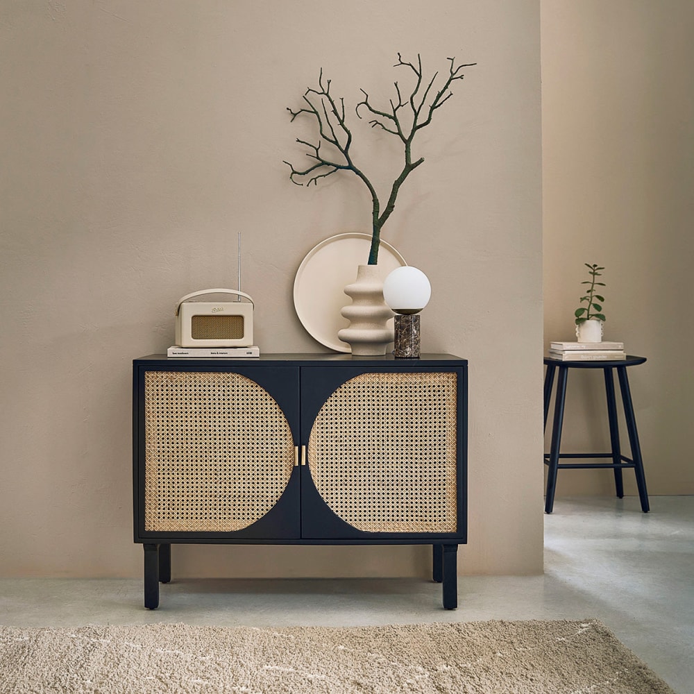 BERAH GETAH Buffet aus massivem Mangoholz schwarz und Rohrgeflecht 100 cm style modern - -