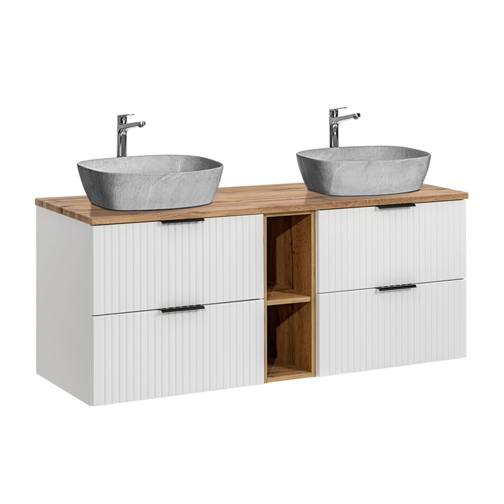 Meuble double vasque effet pierre stratifiés blanc