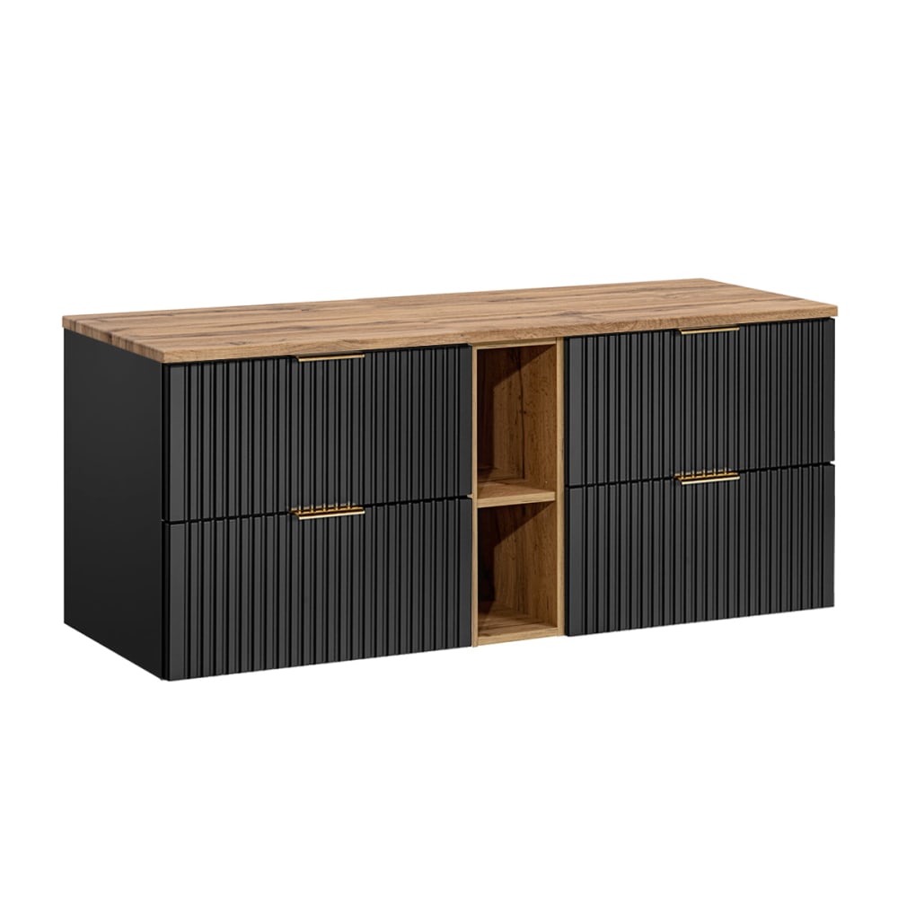 Petits meubles Waschtisch 140cm 2 Nischen Melamin Schwarz und Holz Schwarz Spanplatte