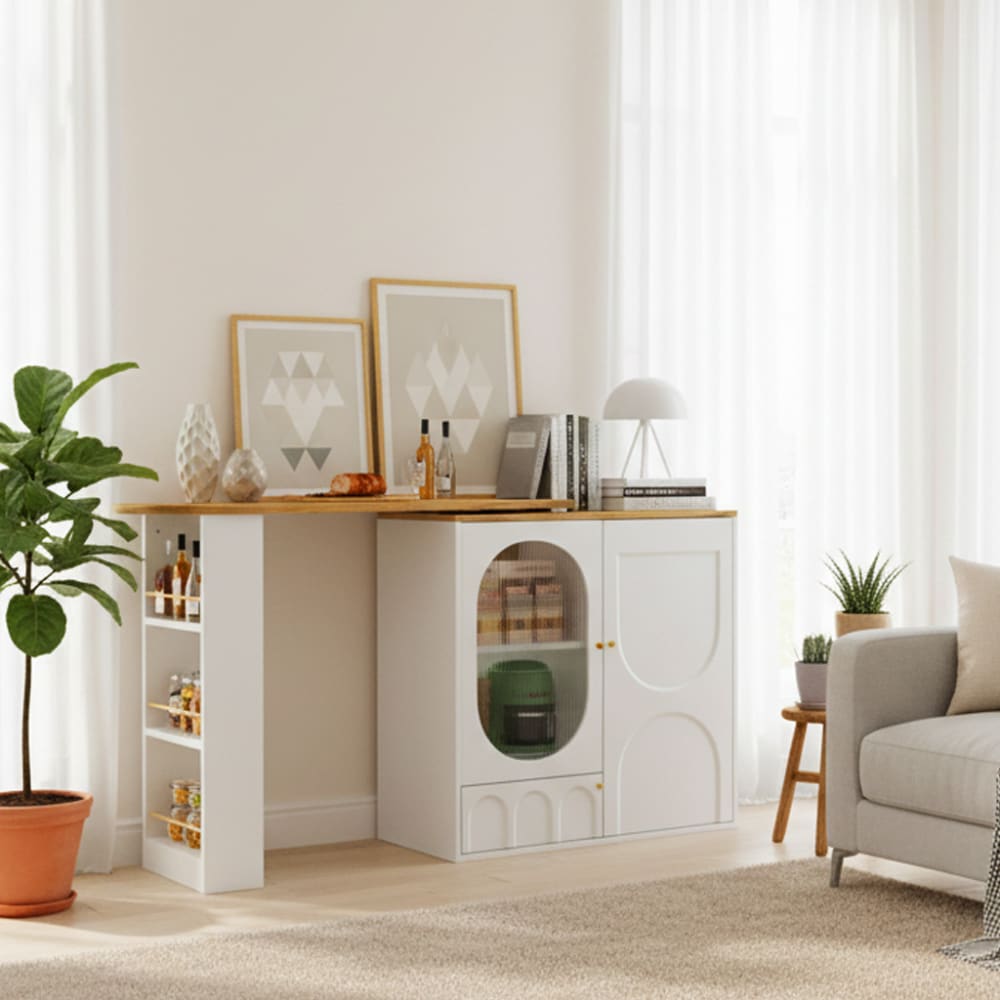 Console blanche et bois avec rangements et design moderne