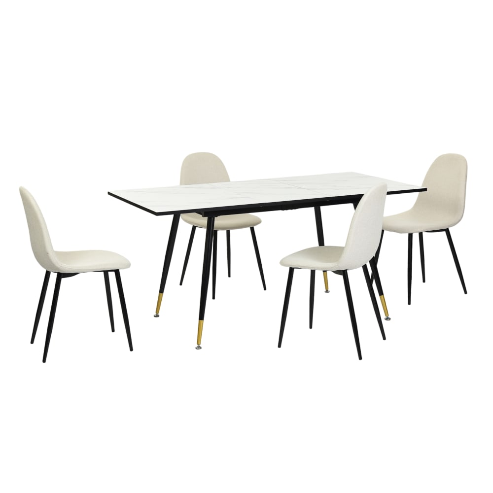 Table effet marbre + 4 chaises compactes en tissu beige