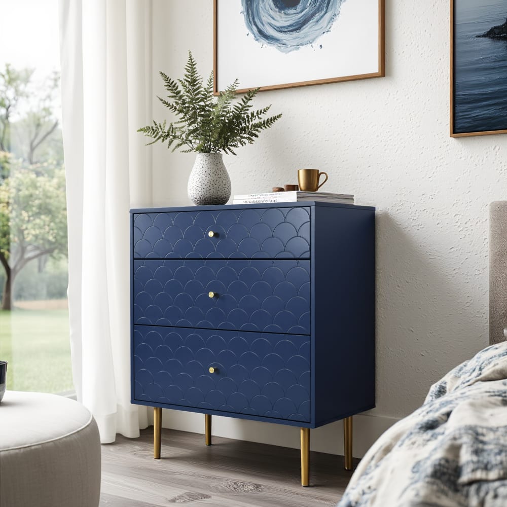 comoda azul marino de 3 cajones con patas doradas