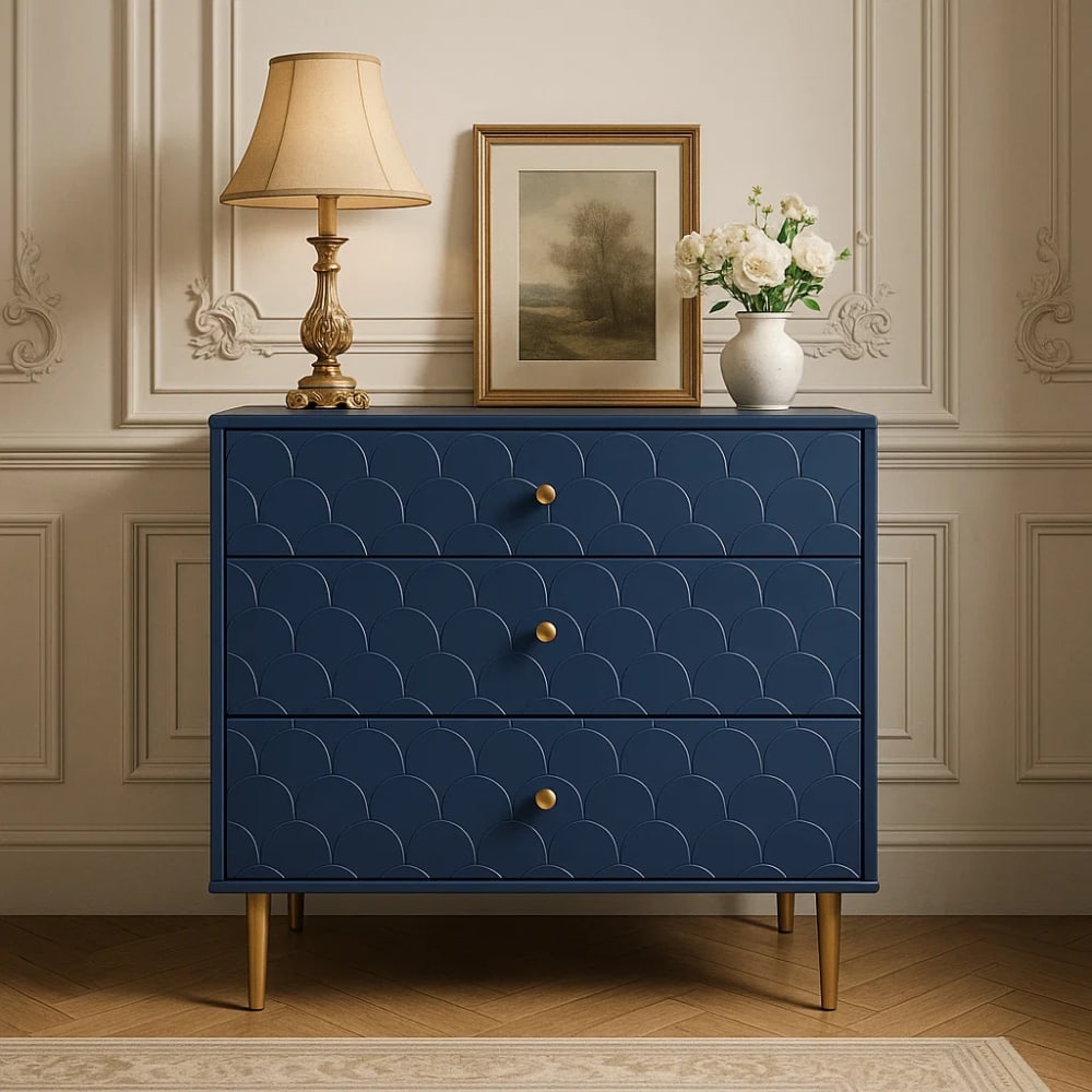 Marineblaue Kommode mit 3 Schubladen und Goldenen Beinen -