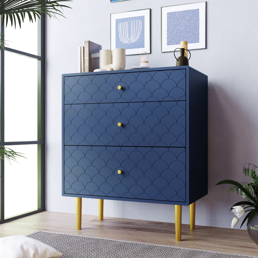 Commode buffet 3 tiroirs bleu marine motif d'écailles pieds dorés - Maisons du Monde