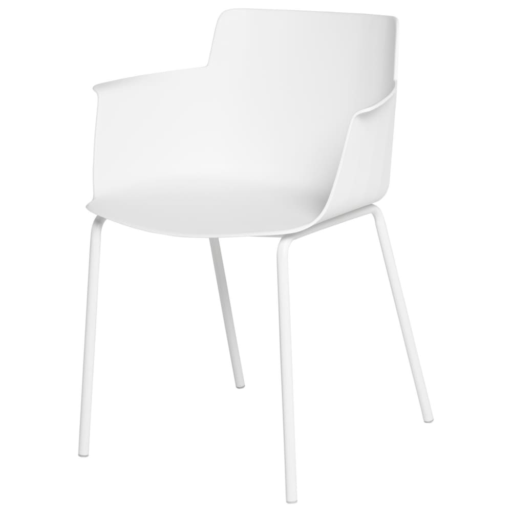 silla con respaldo ergonomico reposabrazos y patas de metal blanca