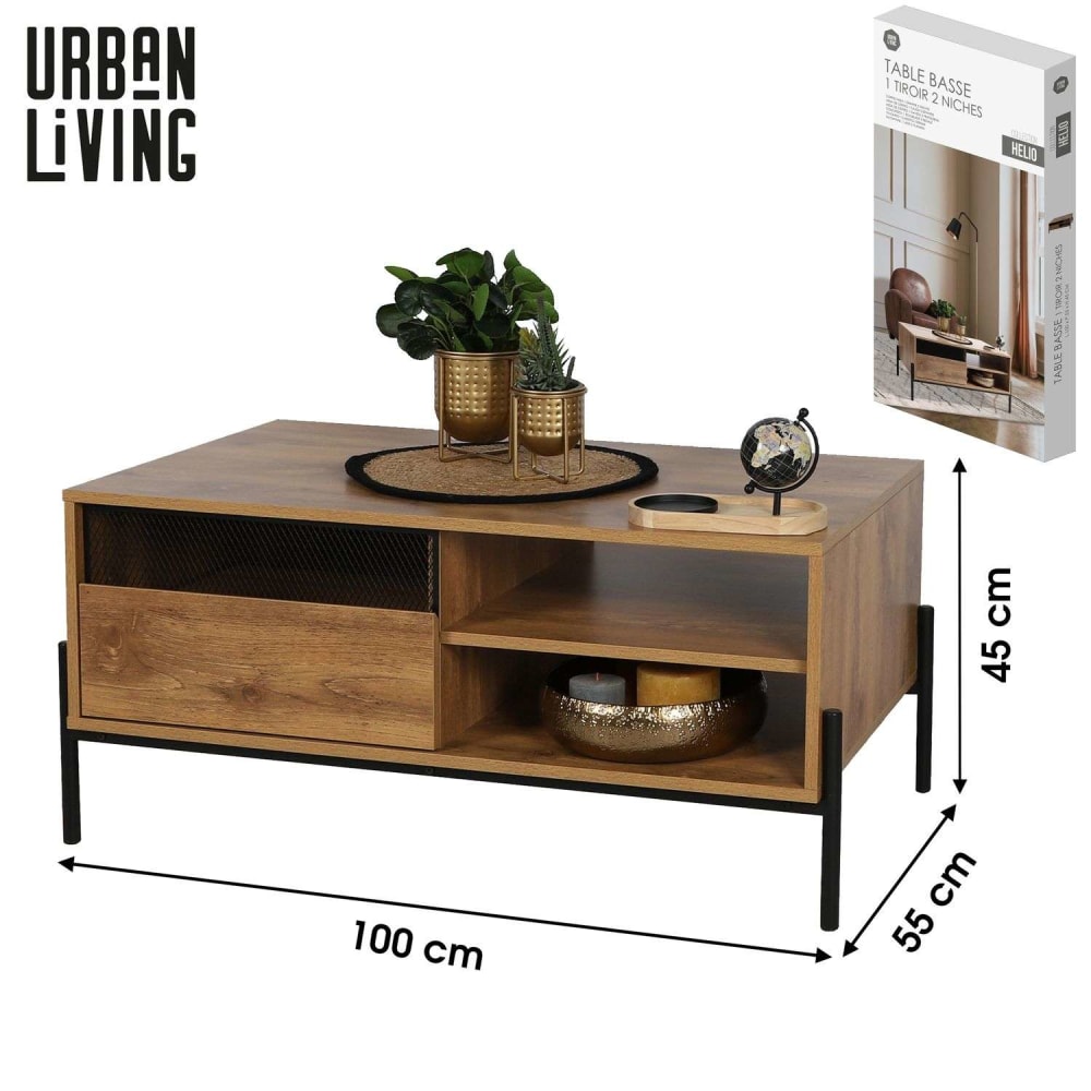 Table basse 1 tiroir et 2 niches de rangement helio marron - Maisons du Monde