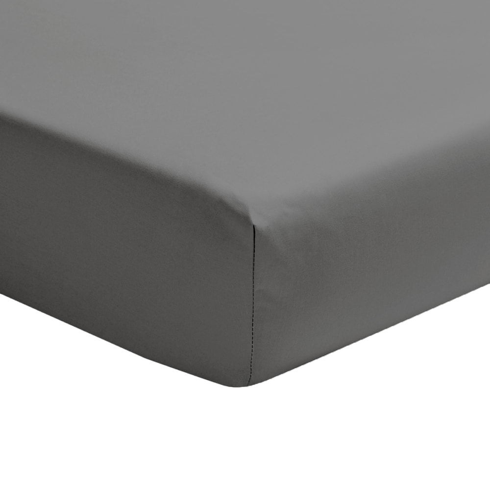 Drap housse en percale de coton gris 90x200