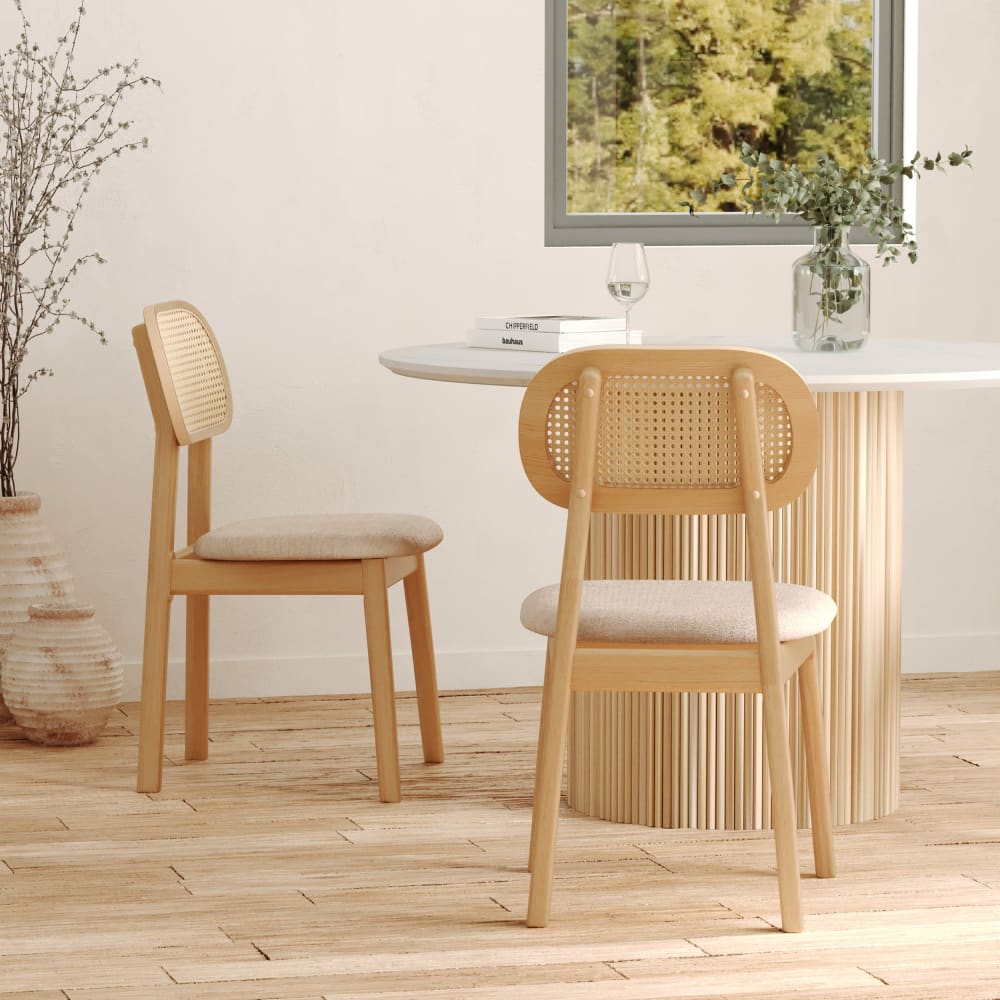 Maison Pavane Set aus 2 hellen Holzstühlen, mit beigem Stoff und Kunstharz-Rattan style vintage - Holz
